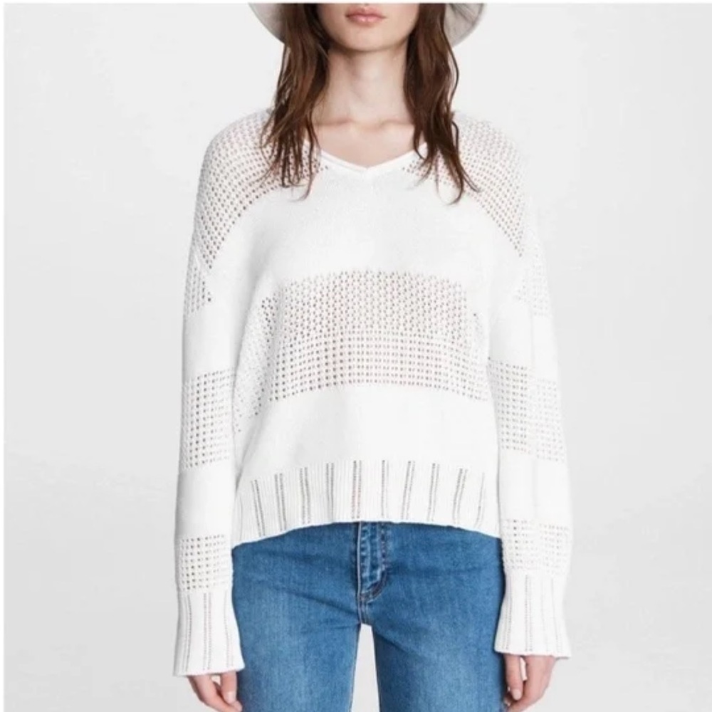 RAG & BONE Faye Stripe V-neck Sweater In White
